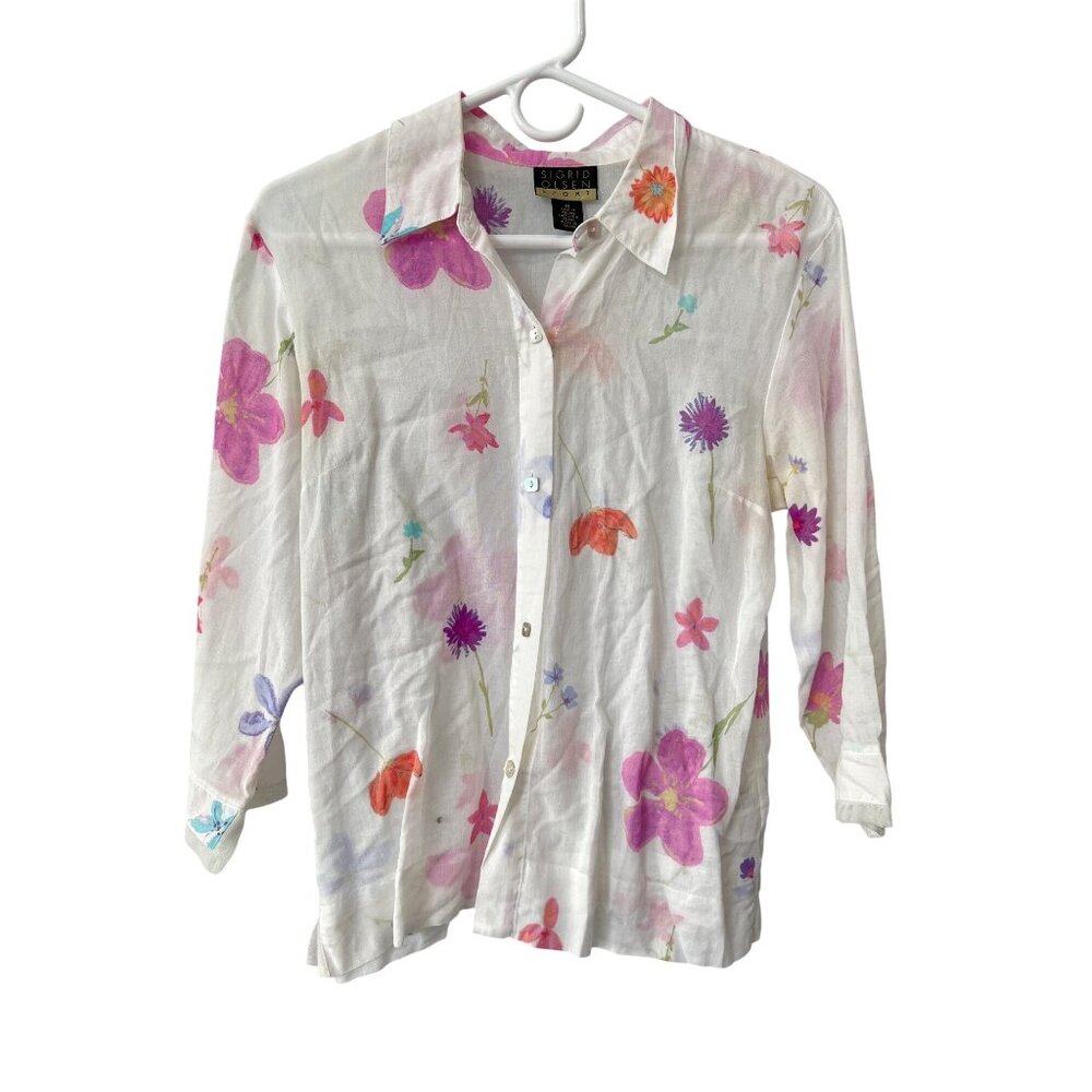 Sigrid Olsen Sport Shirt Size Medium Floral 3/4 Sleeve Button Front White Multi
